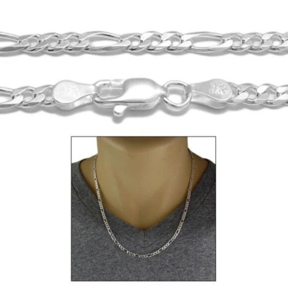 STERLING SILVER FIGARO CHAIN NECKLACE 3MM (GAUGE 100). AVAILABLE IN 5 LENGTHS. - Picture 1 of 3